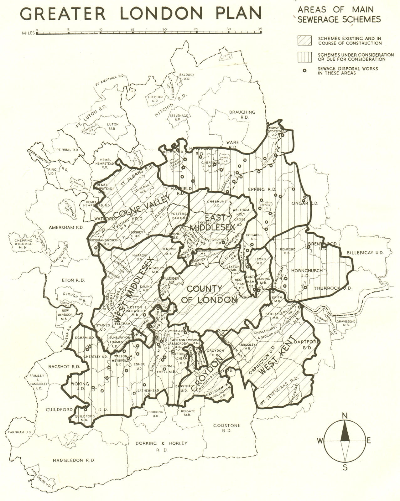GREATER LONDON PLAN. Areas of main Sewerage schemes. ABERCROMBIE 1944 old map